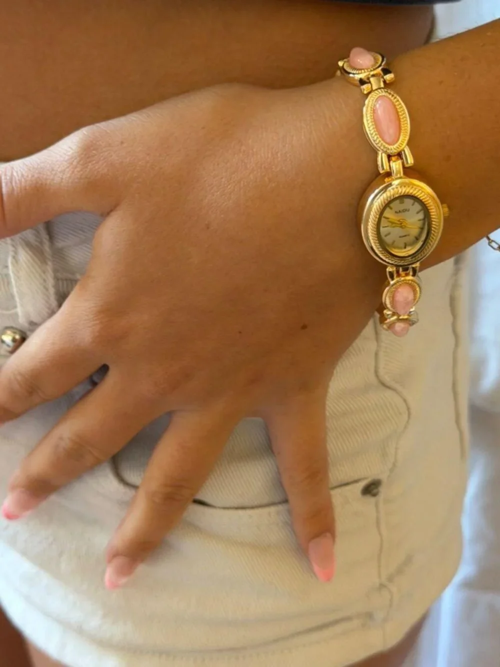 Dainty Pink Gemstone Link Band Watch Preppy Y2K OS